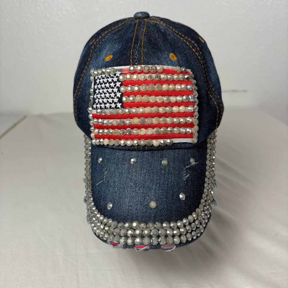 Denim Cap with‎ American Flag and Rhinestones Holiday USA Women's Outdoor